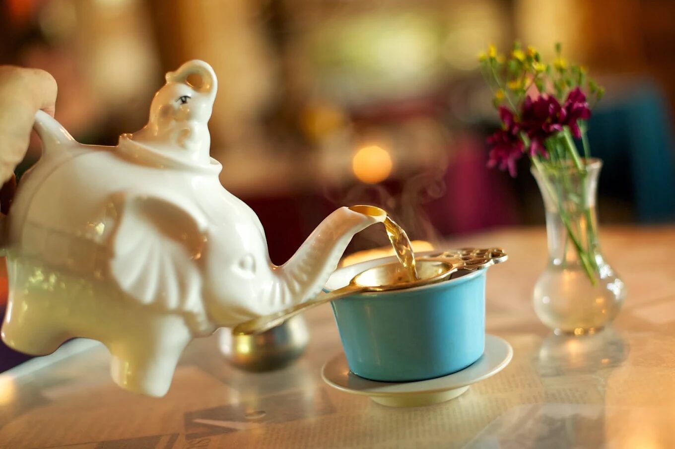 Loose leaf tea being poured from an elephant-shaped teapot at Rimsky-Korsakoffee House