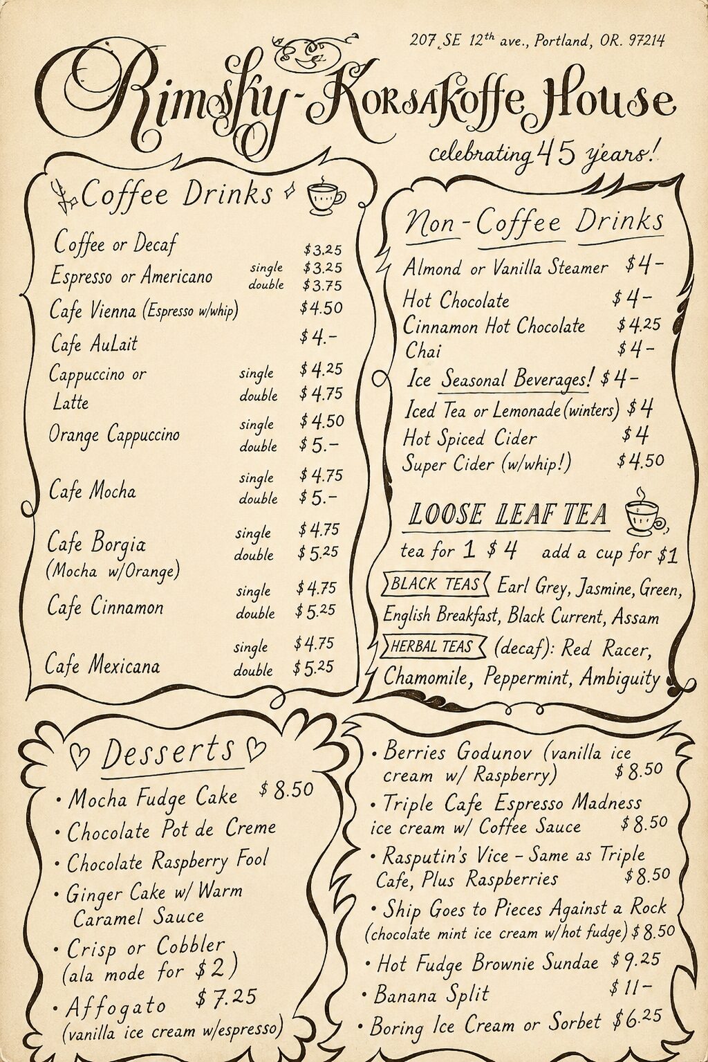 Rimsky-Korsakoffee House handwritten menu board showing coffee drinks, non-coffee drinks, loose leaf tea, desserts, and ice cream sundaes with prices