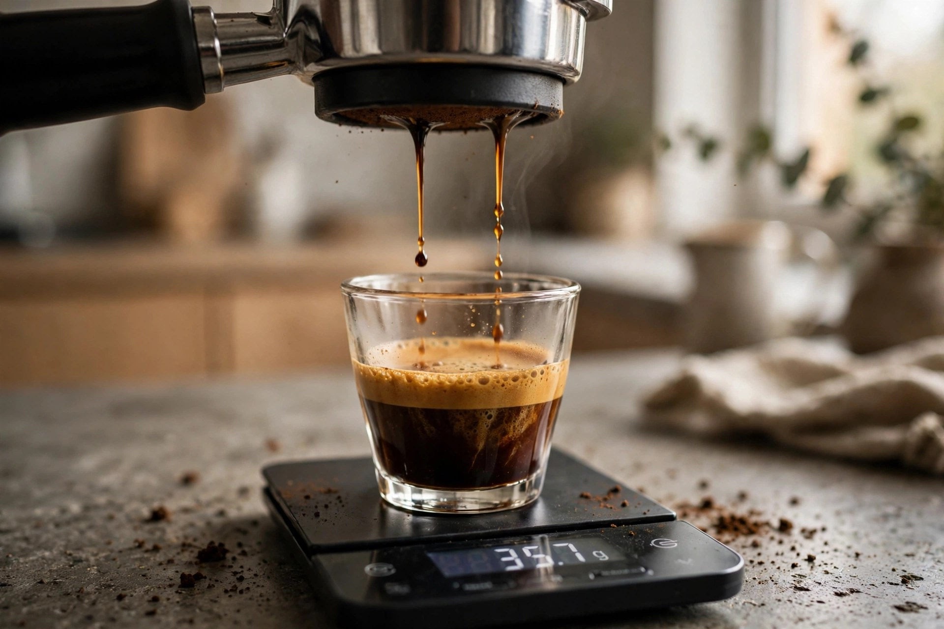 Dark syrupy espresso streams dripping from the portafilter into a glass cup while temperature surfing