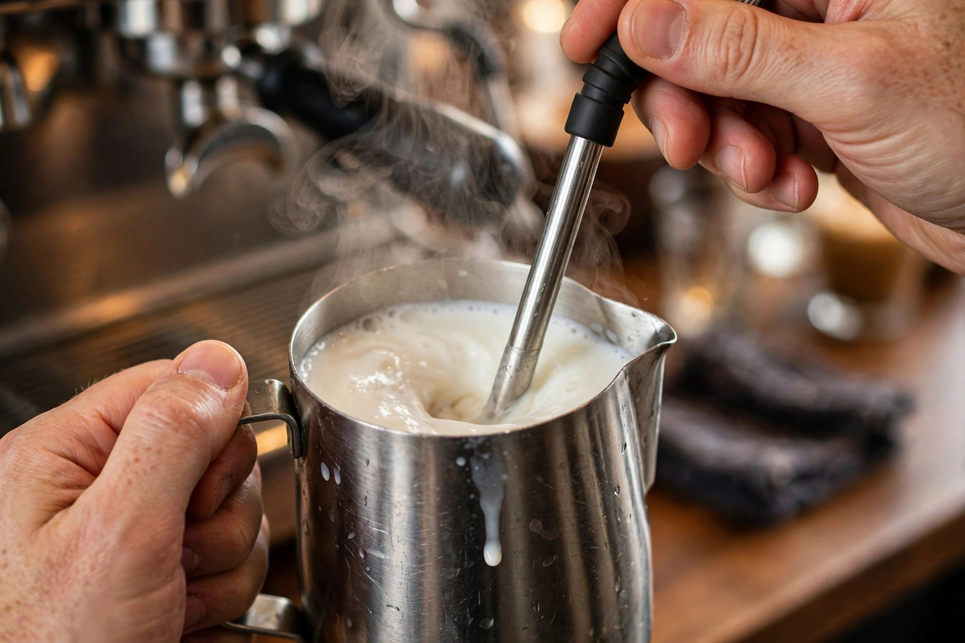 Barista steaming milk with the steam wand of an espresso machine, pitcher of microfoam