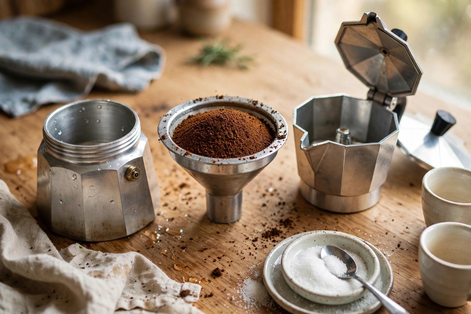 Disassembled moka pot with funnel basket filled with ground coffee, sugar, and espresso cups on a counter