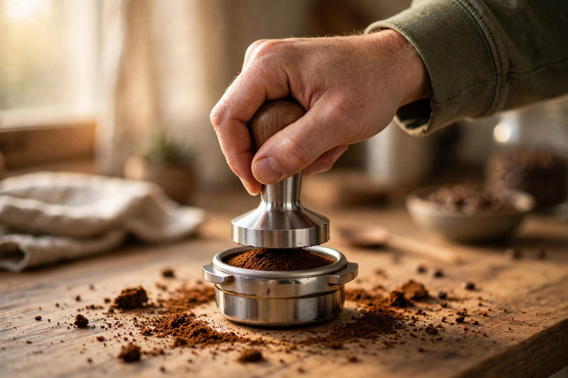 Tamping ground coffee level into a bottomless portafilter basket on a kitchen counter